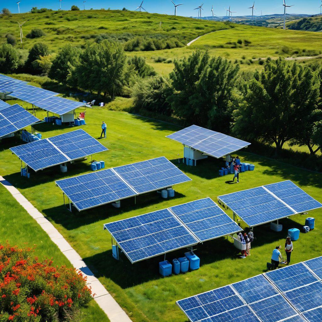 A vibrant landscape showcasing eco-friendly battery solutions, featuring solar panels and wind turbines in the background. In the foreground, diverse people happily using battery-powered devices, illustrating affordability and accessibility. Green foliage and flowers symbolize sustainability, while a clear blue sky adds to the uplifting atmosphere. super-realistic. vibrant colors. wide-angle view.