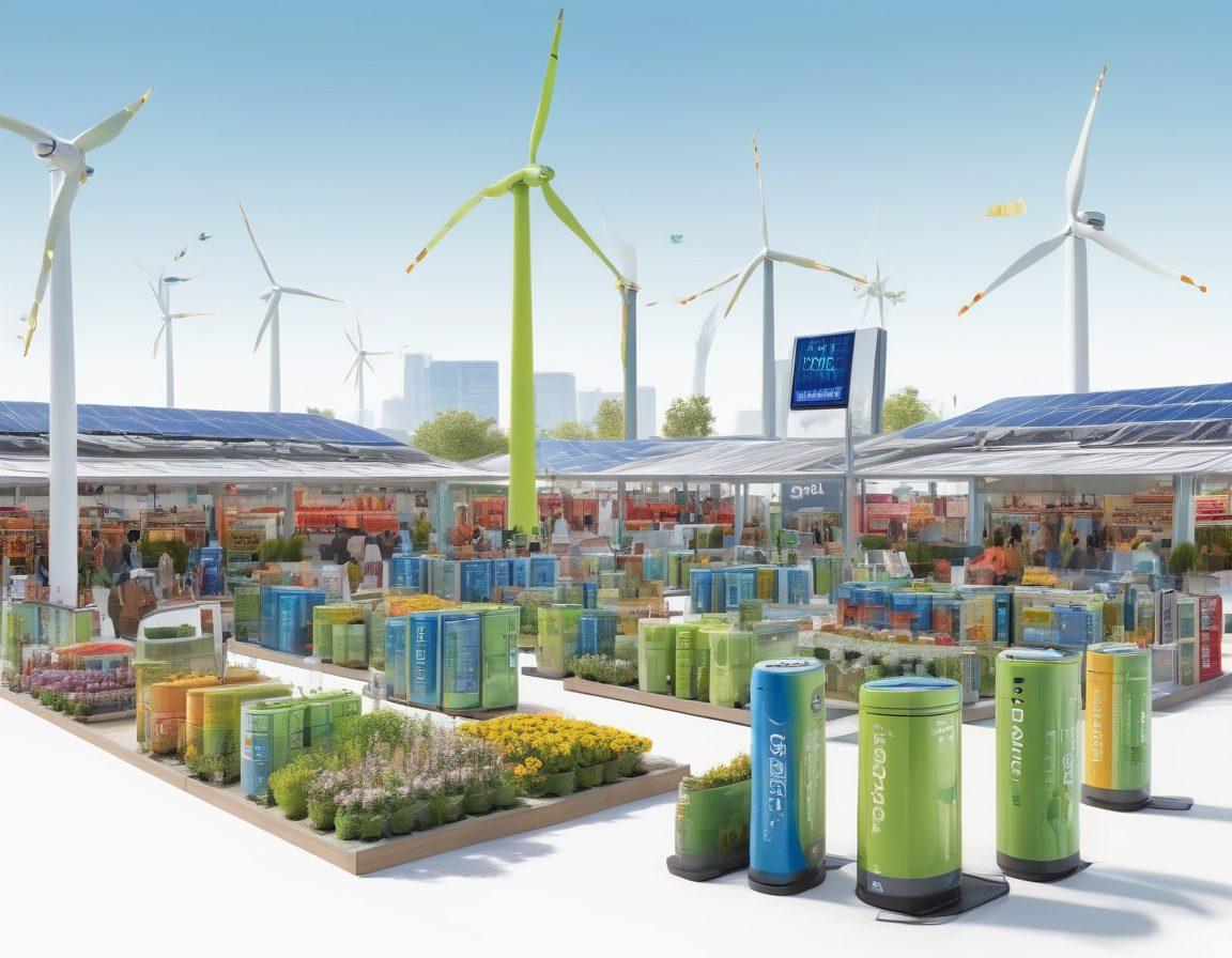 A vibrant marketplace scene showcasing a variety of eco-friendly batteries, with plant motifs and green technology elements. Shoppers are comparing prices and engaging with friendly vendors, surrounded by solar panels and wind turbines in the background. Bright colors symbolize eco-friendliness and innovation, with clear signage highlighting unbeatable prices. super-realistic. vibrant colors. white background.