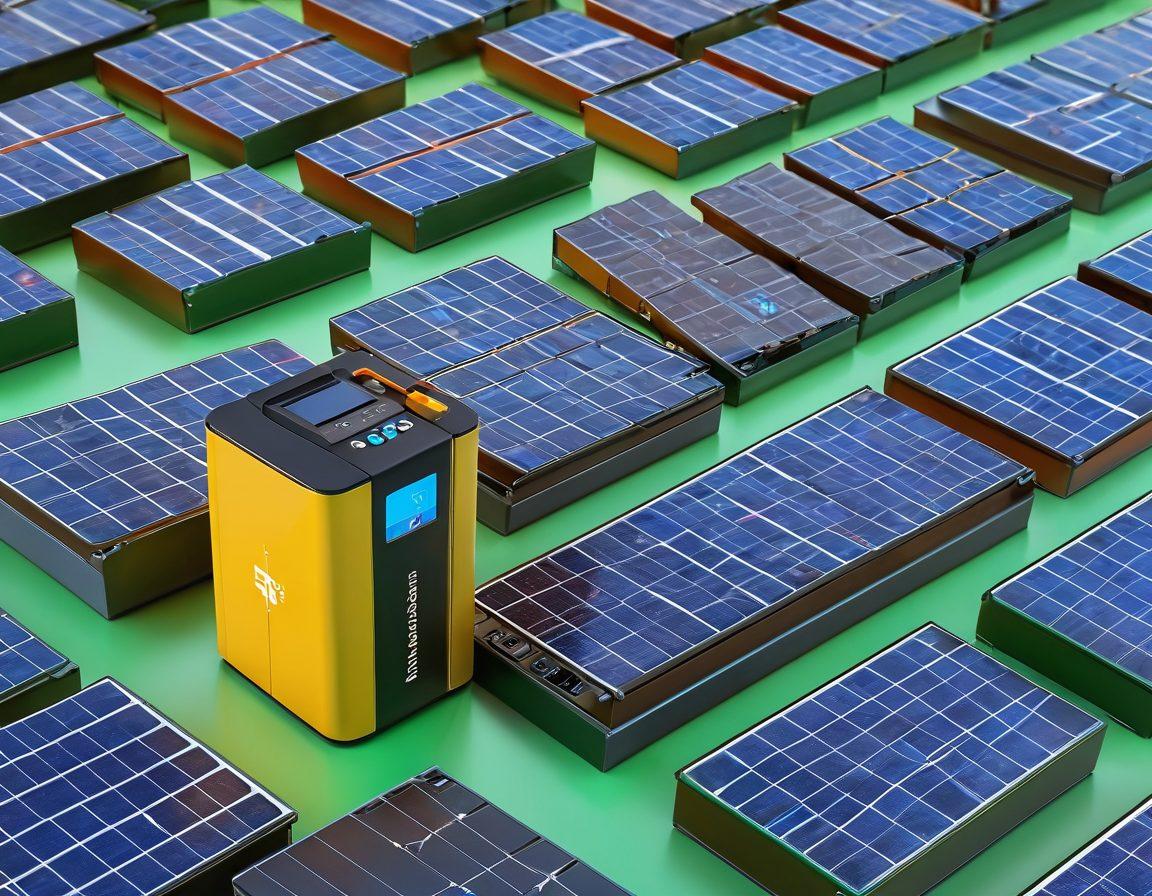 An advanced battery storage device showcasing vibrant affordable battery options, layered over a backdrop of renewable energy sources like solar panels and wind turbines, with highlighted features like efficiency ratings and price tags. The overall scene conveys innovation and sustainability, enticing viewers to explore more about power storage. 3D. vibrant colors. clean technology theme.
